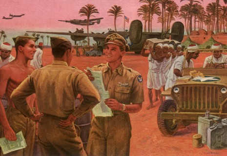 Officer distributes Papers among Soldiers.