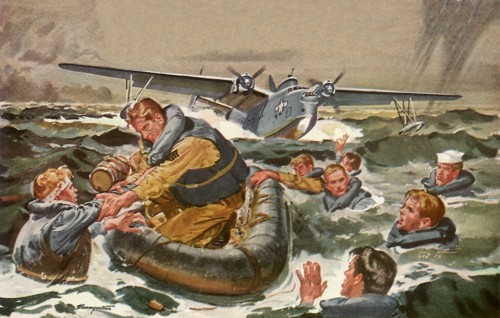 Airplane rescues Sailors near Lifeboat.