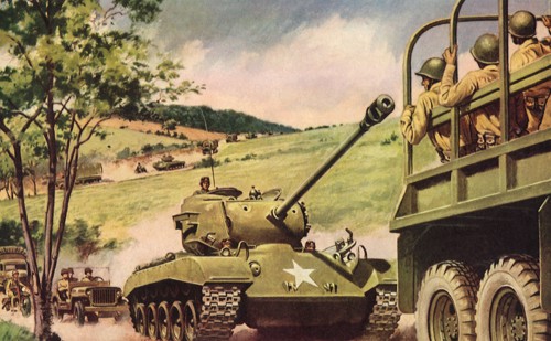 Tanks and Troop Transports on Dirt Road.