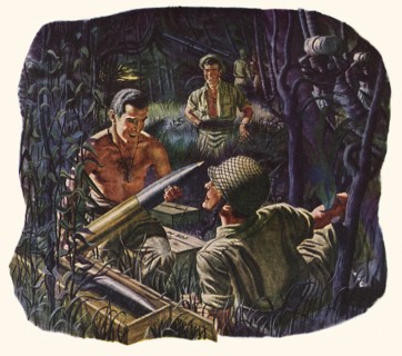Soldiers handling Artillery Shells in Jungle.