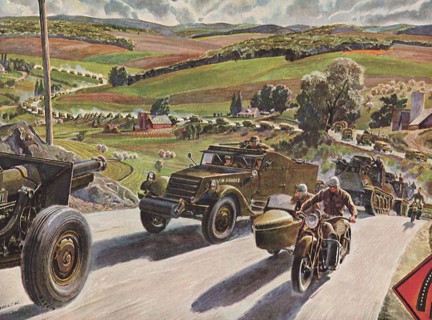 Half-tracks, Motorcycles and Troops on Country Road.