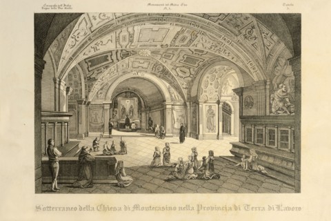 19th Century Engraving. Underground of the Church of Monte Cassino. Monte Cassino. Cassino. Lazio. Italy