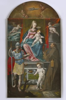 Altarpiece Madonna with Child and Saints by Simone De Magistris. Town Hall. Lapedona. Marche. Italy