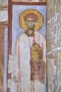 Lecce, township of Casalabate (Italy, Puglia, province of Lecce) abbey of Santa Maria di Cerrate, the church, interior, image of a saint, fresco (13th-14th century)