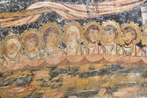 Otranto (Italy, Puglia, Lecce province) church of San Pietro, building of the IX-X century. Last Supper, fresco, 10th-11th century