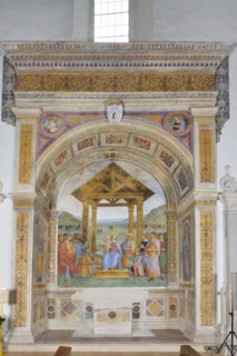 Trevi (Italy, Umbria, province of Perugia), Sanctuary of the Madonna delle Lacrime, Chapel of the Nativity. Perugino, Adoration of the Magi, Saints Peter and Paul, Annunciation, 15th-16th century, fre...