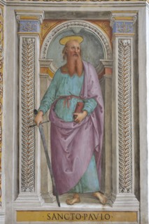 Trevi (Italy, Umbria, province of Perugia), Sanctuary of the Madonna delle Lacrime, Chapel of the Nativity. Perugino, Adoration of the Magi, San Paolo, 15th-16th century, fresco