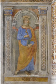 Trevi (Italy, Umbria, province of Perugia), Sanctuary of the Madonna delle Lacrime, Chapel of the Nativity. Perugino, Adoration of the Magi, St. Peter, 15th-16th century, fresco