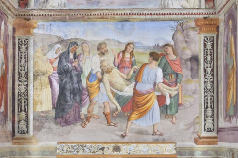 Trevi (Italy, Umbria, province of Perugia), Sanctuary of the Madonna delle Lacrime, Chapel of San Francesco. Giovanni di Pietro, known as Lo Spagna, Carriage of Christ, 15th-16th century, fresco