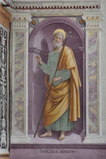 Trevi (Italy, Umbria, province of Perugia), Sanctuary of the Madonna delle Lacrime, Chapel of San Francesco. Giovanni di Pietro, known as Lo Spagna, side wall, San Giuseppe, 15th-16th century, fresco