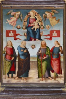 Città della Pieve (Italy, Umbria, province of Perugia), Cathedral of Saints Gervasio and Protasio. Perugino, Madonna and Child with Saints Gervasio, Pietro, Paolo and Protasio, painting on wood