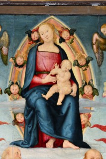Città della Pieve (Italy, Umbria, province of Perugia), Cathedral of Saints Gervasio and Protasio. Perugino, Madonna and Child with Saints Gervasio, Pietro, Paolo and Protasio, painted on wood. Detail