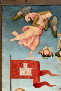 Città della Pieve (Italy, Umbria, province of Perugia), Cathedral of Saints Gervasio and Protasio. Perugino, Madonna and Child with Saints Gervasio, Pietro, Paolo and Protasio, painted on wood. Detail
