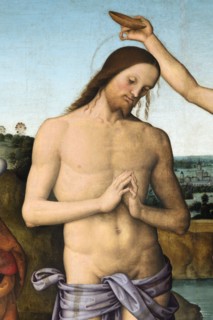 Città della Pieve (Italy, Umbria, province of Perugia), Cathedral of Saints Gervasio and Protasio. Perugino, Baptism of Christ, painted on wood. Detail