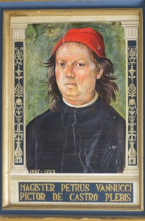 Città della Pieve (Italy, Umbria, province of Perugia), Cathedral of Saints Gervasio and Protasio. Copy on ceramic of Perugino's self-portrait