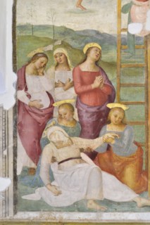 Città della Pieve (Italy, Umbria, province of Perugia), Church of Santa Maria dei Servi. Chapel of the Madonna della Stella, Perugino, Deposition from the cross, fresco, 15th-16th century. Detail