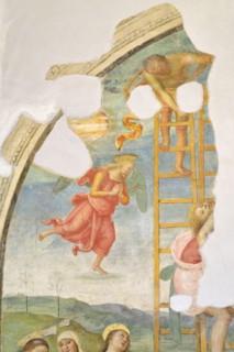 Città della Pieve (Italy, Umbria, province of Perugia), Church of Santa Maria dei Servi. Chapel of the Madonna della Stella, Perugino, Deposition from the cross, fresco, 15th-16th century. Detail