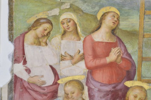 Città della Pieve (Italy, Umbria, province of Perugia), Church of Santa Maria dei Servi. Chapel of the Madonna della Stella, Perugino, Deposition from the cross, fresco, 15th-16th century. Detail