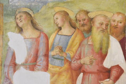 Città della Pieve (Italy, Umbria, province of Perugia), Church of Santa Maria dei Servi. Chapel of the Madonna della Stella, Perugino, Deposition from the cross, fresco, 15th-16th century. Detail