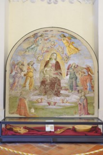 Panicale (Italy, Umbria, province of Perugia), Church of San Sebastiano. Madonna and Child, Musician Angels and Saints Augustine and Mary Magdalene, attribution to Raffaello Sanzio, fresco, around 150...