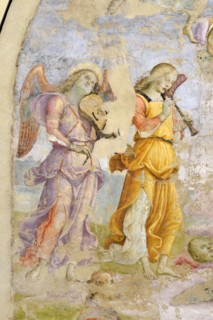 Panicale (Italy, Umbria, province of Perugia), Church of San Sebastiano. Madonna and Child, Musician Angels and Saints Augustine and Mary Magdalene, attribution to Raffaello Sanzio, fresco, around 150...