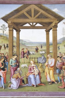 Città della Pieve (Italy, Umbria, province of Perugia), Oratory of Santa Maria dei Bianchi, Perugino, Adoration of the Magi, fresco dimensions 700x650 cm, dating 1504. Detail
