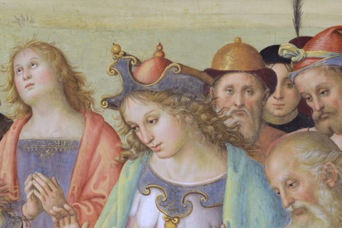 Città della Pieve (Italy, Umbria, province of Perugia), Oratory of Santa Maria dei Bianchi, Perugino, Adoration of the Magi, fresco dimensions 700x650 cm, dating 1504. Detail