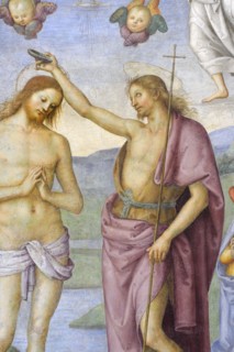 Foligno (Italy, Umbria, province of Perugia), Oratory of the Nunziatella. Perugino, Baptism and the Eternal Adored by two angels, fresco. Detail