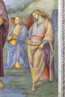 Foligno (Italy, Umbria, province of Perugia), Oratory of the Nunziatella. Perugino, Baptism and the Eternal Adored by two angels, fresco. Detail