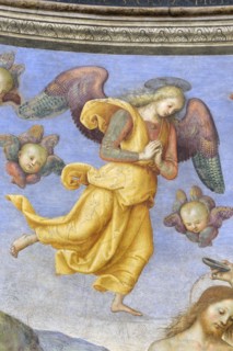 Foligno (Italy, Umbria, province of Perugia), Oratory of the Nunziatella. Perugino, Baptism and the Eternal Adored by two angels, fresco. Detail