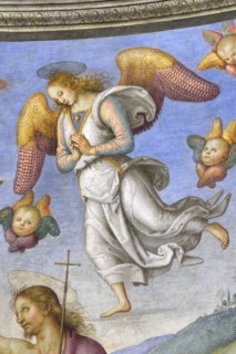 Foligno (Italy, Umbria, province of Perugia), Oratory of the Nunziatella. Perugino, Baptism and the Eternal Adored by two angels, fresco. Detail