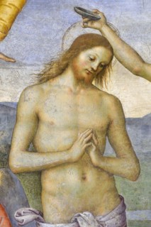 Foligno (Italy, Umbria, province of Perugia), Oratory of the Nunziatella. Perugino, Baptism and the Eternal Adored by two angels, fresco. Detail