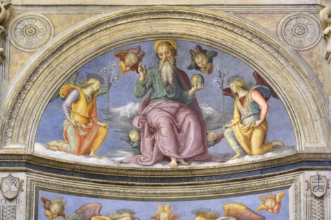 Foligno (Italy, Umbria, province of Perugia), Oratory of the Nunziatella. Perugino, Baptism and the Eternal Adored by two angels, fresco. Detail