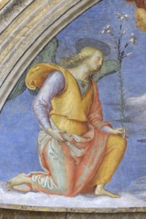 Foligno (Italy, Umbria, province of Perugia), Oratory of the Nunziatella. Perugino, Baptism and the Eternal Adored by two angels, fresco. Detail