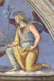 Foligno (Italy, Umbria, province of Perugia), Oratory of the Nunziatella. Perugino, Baptism and the Eternal Adored by two angels, fresco. Detail