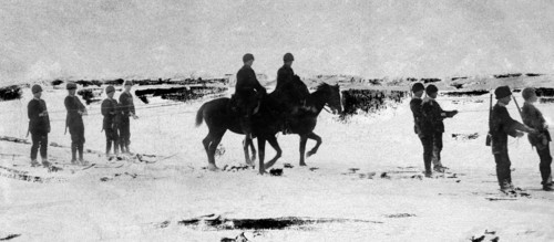skiers with horses