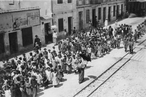 children stroller with their teachers, 1920-1930