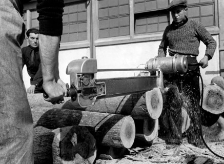 Ouvriers coupant du bois de peuplier, 1956