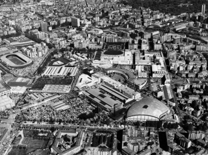 italie, lombardie, milan, vue aérienne de la foire commerciale, 1961