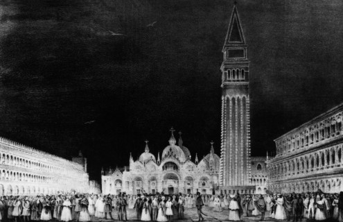 italie, venise, piazza san marco éclairée au gaz, 1956