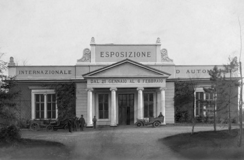 europe, italie, turin, salon international de l'automobile, entrée de l'exposition, 1906