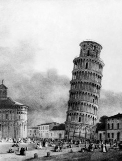 Gravure d'Isabey, 1822 avec une vue de la tour penchée, de l'abside et de la place de la cathédrale de Pise, Toscane, 1958