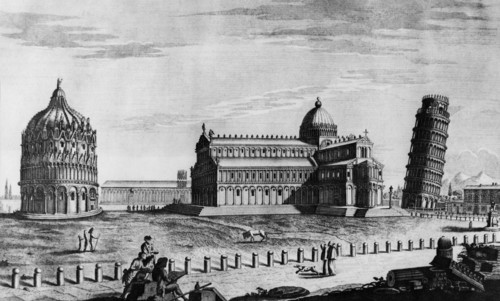 Gravure d'a. Marrona de 1793 avec une vue de la Piazza del Duomo de Pise, Toscane, 1959