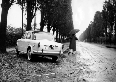 dérapage au bord d'une avenue bordée d'arbres, 1962