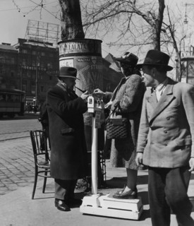 Public balance on a sidewalk in Budapest. 1957