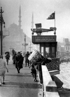 Turkey. istanbul. galata bridge. in the background the mosque of the sultan validè. 1951