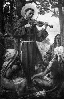 St. Francis Solan Teaches Music To The Natives Of Southern America. Engraving From The 1800s