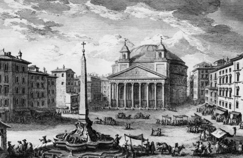 Italy. Rome. The Piazza Del Pantheon In An Engraving By Giuseppe Vaso. 1750