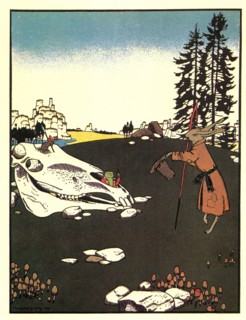 Hare faces a horse's skull in which it has a mouse and frog.