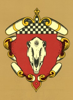 Hare faces a horse's skull in which it has a mouse and frog.